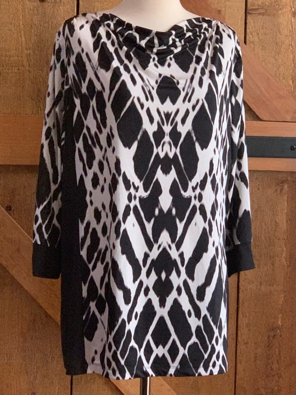 Liz Claiborne Black & White Polyester/Spandex Abstract Print Tunic Size XL